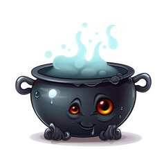 Funny cartoon illustration of a witch boiling cauldron with eyes and a face isolated on white 