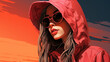 © Aisyaqilumar - A young woman is looking forward in modern fashion wearing a jacket and hoodie. 2D flat illustration.