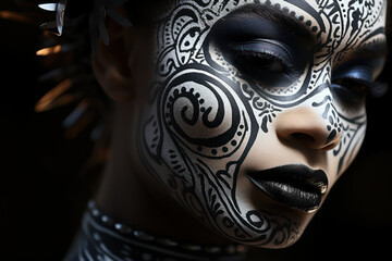 Wall Mural - contemporary female face painting portrait, dark and white complexion, close-up of eyes and lips. ge