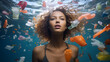 © GrafitiRex - Woman swimming in a polluted sea, sea pollution, ocean pollution, plastic waste in the sea, micro plastic, ecology, protect the ocean, fish swimming in dirty water, environment protection
