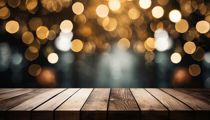 Wall Mural - Empty wooden table in front of abstract blurred festive background with light spots and bokeh for product montage display of product