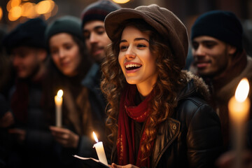 Sticker - A joyful group of carolers singing under a streetlamp, spreading holiday cheer in the neighborhood. Generative Ai.