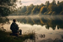 Young Man Enjoying A Quiet Moment Fishing By A Lake