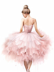 Wall Mural - Elegant classical ballet dancer in a pink tutu seen from the back, isolated on white. Watercolor style 