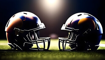 Two football helmets crashing into each other. The concept of rivalry on the field between two teams in American football. 