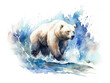 Alaska watercolor illustration. Bear walking in the snow. 