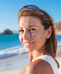 Sticker - Beautiful Woman Smiling On The Beach