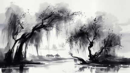 Traditional chinese Ink painting willow oil painting wallpaper image AI generated art