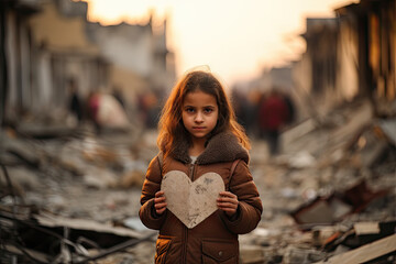 Wall Mural - a little girl holding a paper heart in the middle of an urban slum with buildings and debris all around her
