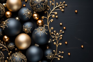 Wall Mural - Fancy golden and black christmas background with ornaments. Greeting card mockup