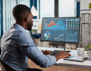 Analyst Works on Personal Computer Showing business analytics dashboard with charts, metrics and KPI to analyze performance and create insight reports for operations management. Data analysis concept