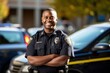 Black African American Police officer smile face portrait on city street