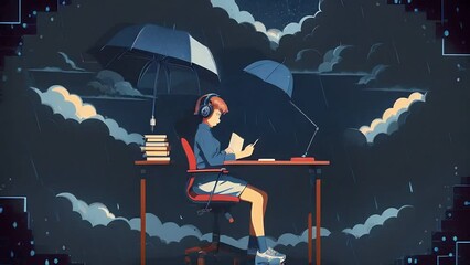 Wall Mural - Girl studying at her desk Rainy or cloudy outside beautiful chill wallpaper K streaming background lo hip hop style animation. Created using Generative AI Technology