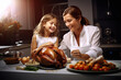 madre e hija cocinando  pavo y verduras para acción de gracias en cocina moderna en tonos blancos e iluminacion natural.Concepto celebraciones familiares
