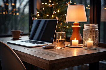 Poster - a table with a laptop, candle and glass jar on it in front of a christmas tree outside the window