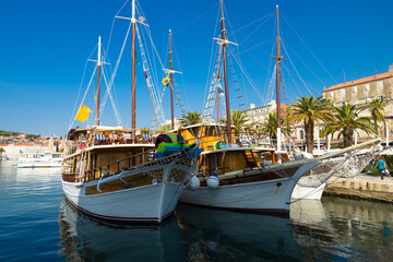 Wall Mural - Boats in Split at sunny day with waterfront view, Dalmatia, Croatia