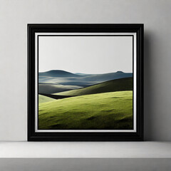 Sticker - Large landscape picture with thin black frame over white background. Template for your content. 3D illustration.