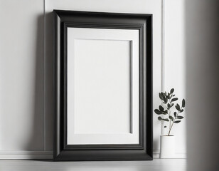 Wall Mural - Close up black picture frame, realistic vertical photo frame, A4. Empty white picture frame mockup template isolated on white wall indoors. Vector illustration. 3d illustration