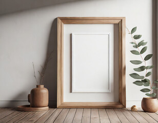 Wall Mural - Vertical wooden frame mock up. Wooden frame poster on wooden floor with white wall. 3D illustrations.