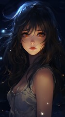 Wall Mural - Brunette anime girl at night art