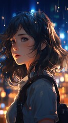 Wall Mural - Brunette anime girl at night art