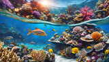 Fototapeta Do akwarium - tropical coral reefs, deep sea wallpaper with colorful shells, fish, dolphins, octopuses in the depths of the bay
