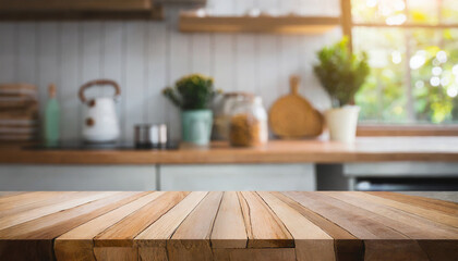 Sticker - Selective focus.Wood table top on blur kitchen counter in morning background.For montage product display