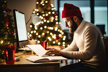 Wall Mural - a man sitting in front of a computer with a christmas tree behind him and his laptop is on the desk