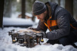 © Golib Tolibov - a man working in the snow with a remote control drone on his lap, while he is preparing to fly