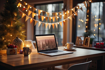 Canvas Print - a laptop sitting on a table next to a coffee mug and christmas tree with lights in the window behind it