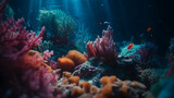 Fototapeta Do akwarium - Thriving coral reef habitat. Small, colorful fish inhabit a world of vibrant corals. Underwater spectacle for nature enthusiasts.