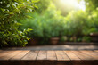 Empty wooden and blurred green nature garden backgroun