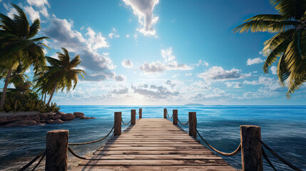 a wooden dock leading to the ocean along side palm trees