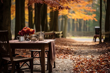 Wall Mural - two chairs and a table in the middle of an autumn forest with leaves on the ground, one chair is empty