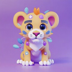 cute little baby lion with big black eyes. Fantasy monster. Small Funny Cartoon character. Fairy tale. Isolated on black background.  AI Generated.