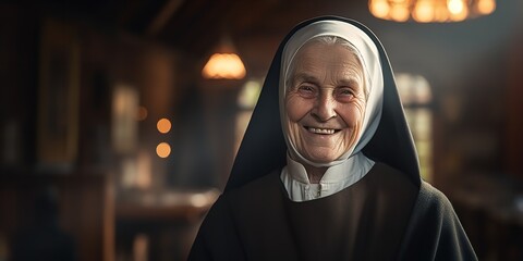 Senior nun with a happy smile dressed in traditional clothing. Generative Ai.