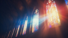 Create An Image Of A Church's Grand Stained Glass Window, Radiating Colorful Light, Copy Space.