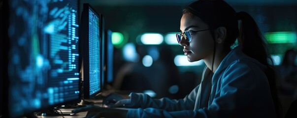 Focused female teenager typing at her desktop computer