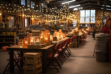 Canvas Print - some tables and chairs in a room with lights hanging from the ceiling over them to make it look like they're