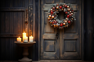 Canvas Print - a christmas wreath on a door with a lit candle next to it and an old wooden wall behind the door