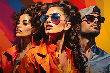 Poster - three people with sunglasses on, one is looking up at the sky and the other is standing in front of them