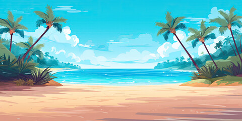 Wall Mural - Tropical paradise beach ocean sand sea background wide, generated ai