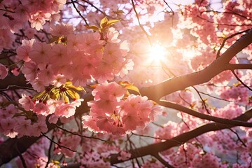 cherry blossom in springtime with sun rays and lens flare, Spring blossoms and beautiful cherry tree branches with pink sakura flowers and sunbeams coming through the tree branches, AI Generated