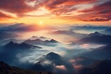 Fototapeta Krajobraz - Beautiful sunrise in the mountains with fog and sun. Nature background, sunrise over the mountains, AI Generated