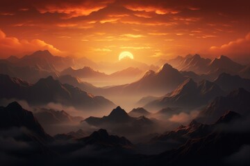 Canvas Print - Fantasy landscape with mountains and clouds at sunset. 3d illustration, sunrise over the mountains, AI Generated