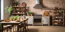 A Rustic Farmhouse Kitchen With Exposed Brick Walls, Open Shelves, And Vintage Appliances. AI Generative
