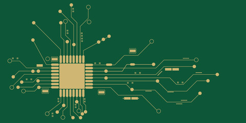 Abstract image, close-up view of circuit board illustration technology high end  computer technology circuit board. Golden lines on a green background .