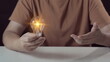 © Bird Photographer TH - Idea innovation and inspiration concept. Hand of man holding illuminated light bulb, concept creativity with bulbs that shine glitter. Inspiration of ideas for sustainable business development.