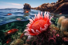 Red Waratah Anemone In Ocean Natural Environment. Ocean Nature Photography