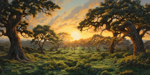 painting of a group of swaying oak trees, sunset, generative ai